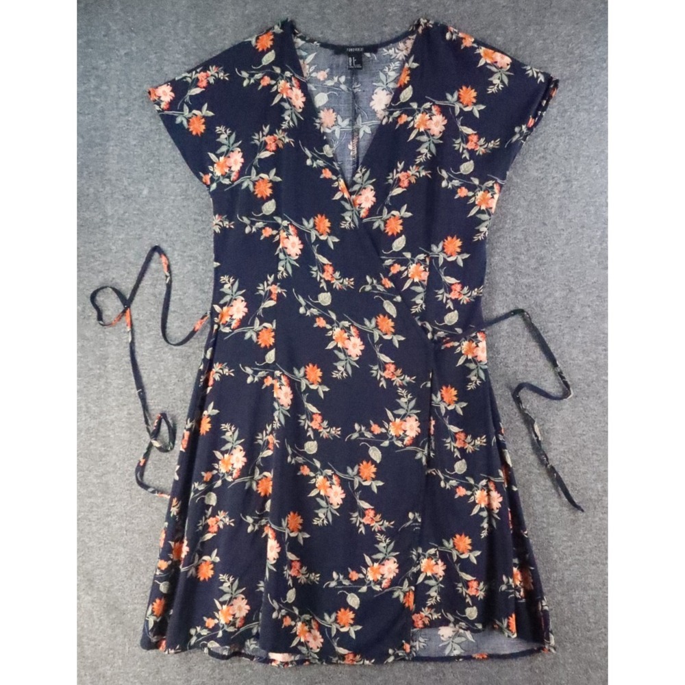 Forever 21 Womens Navy Blue Floral Faux Wrap Midi Dress Cap Sleeve Size S